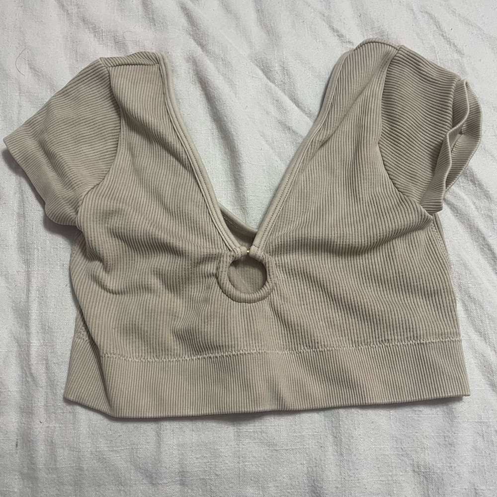 Beige Ribbed V-Neck Women Top